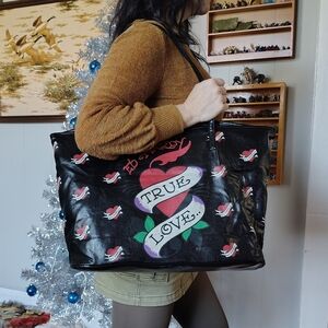 Ed Hardy "True Love" Tattoo Style Tote Shoulder Bag Black Red Heart Logo Design